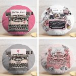 4'lü Renkli Zemin Antika Daktilo Çizimli Dijital Baskılı Modern Yuvarlak Yastık Kırlent Kılıf Seti Realhomes