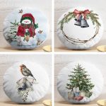 4'lü Kardan Adam & Çam Ağacı Motifli Dijital Baskılı Modern Yuvarlak Yastık Kırlent Kılıf Seti Realhomes