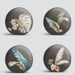 4'lü Koyu Zeminli Tüy Motifli Dijital Baskılı Modern Yuvarlak Yastık Kırlent Kılıf Seti Realhomes