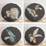 4'lü Koyu Zeminli Tüy Motifli Dijital Baskılı Modern Yuvarlak Yastık Kırlent Kılıf Seti Realhomes