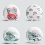 4'lü Çam Ağaçlı Araba Desenli Dijital Baskılı Modern Yuvarlak Yastık Kırlent Kılıf Seti Realhomes