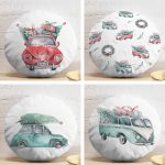 4'lü Çam Ağaçlı Araba Desenli Dijital Baskılı Modern Yuvarlak Yastık Kırlent Kılıf Seti Realhomes