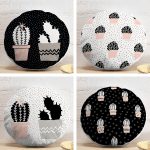 4'lü Siyah Beyaz Zemin Kaktüs Çizimli Dijital Baskılı Modern Yuvarlak Yastık Kırlent Kılıf Seti Realhomes