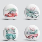 4'lü Çam Ağaçlı Araba Desenli Dijital Baskılı Modern Yuvarlak Yastık Kırlent Kılıf Seti Realhomes