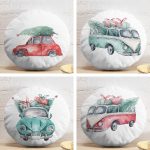 4'lü Çam Ağaçlı Araba Desenli Dijital Baskılı Modern Yuvarlak Yastık Kırlent Kılıf Seti Realhomes