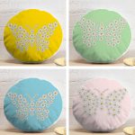 4'lü Renkli Zemin Papatya Kelebek Özel Tasarımlı Dijital Baskılı Yuvarlak Yastık Kırlent Kılıf Seti Realhomes