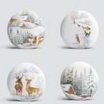 4'lü Geyikli Bağ Evi Kış Temalı Dijital Baskılı Modern Yuvarlak Yastık Kırlent Kılıf Seti Realhomes