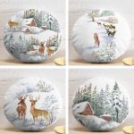 4'lü Geyikli Bağ Evi Kış Temalı Dijital Baskılı Modern Yuvarlak Yastık Kırlent Kılıf Seti Realhomes