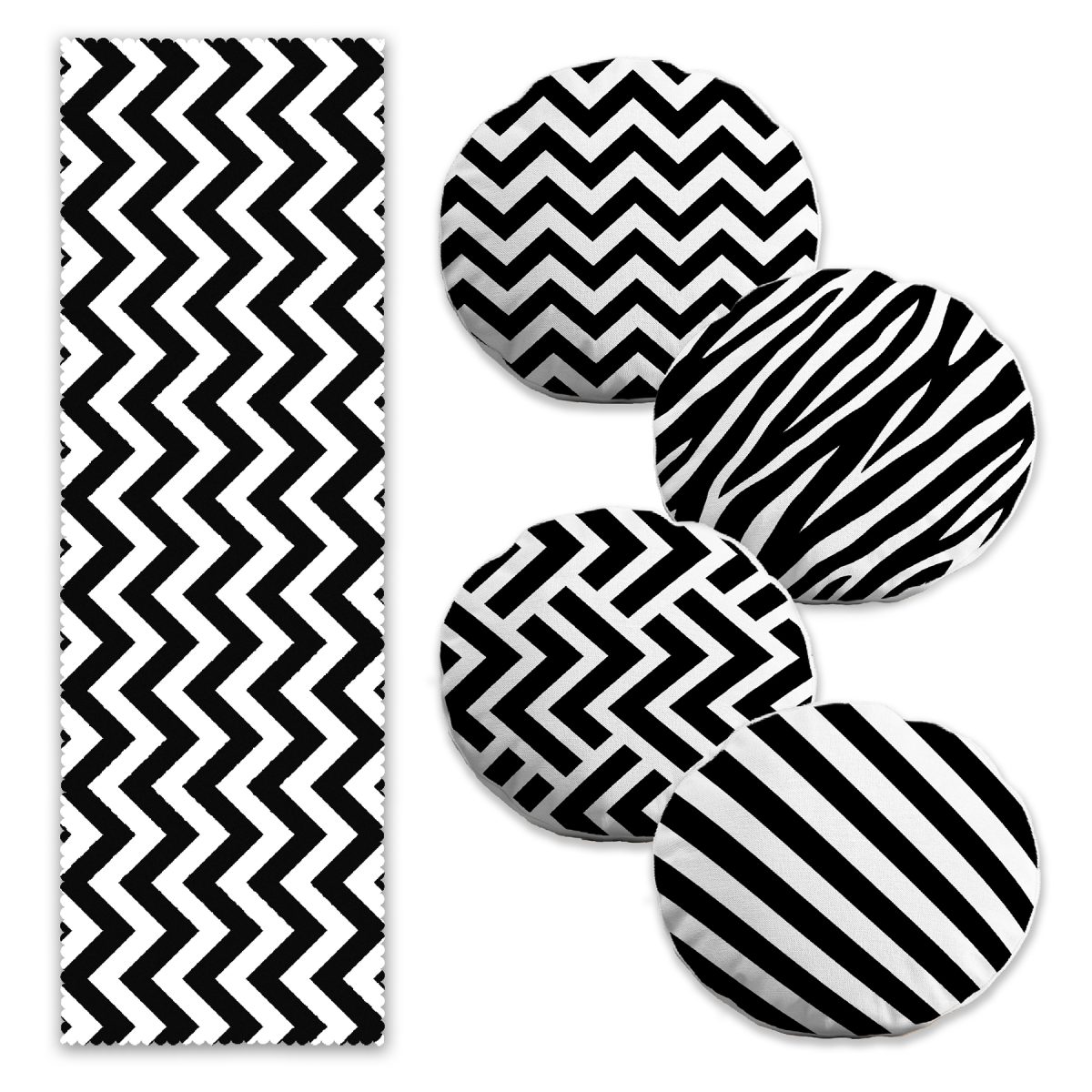Siyah Beyaz Geometrik Tasarımlı 4 Yuvarlak Kırlent Kılıfı ve 1 Runner Seti Realhomes