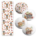 Gri Ekose Zeminli Kırmızı Kardiyal Kuşu Özel Tasarımlı 4 Yuvarlak Kırlent 1 Runner Seti Realhomes