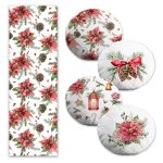 Yılbaşı Temalı Soft Kırmızı Gül Tasarımlı 4 Yuvarlak Kırlent 1 Runner Seti Realhomes