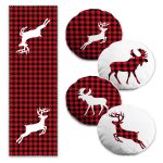 Beyaz Zemin Kırmızı Ekose Yaprak Tasarımlı 4 Yuvarlak Kırlent 1 Runner Seti Realhomes