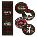 Siyah Zemin Geyik & Tüy Tasarımlı 4 Yuvarlak Kırlent Kılıfı ve 1 Runner Seti Realhomes