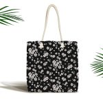 Siyah Zeminde Beyaz Çiçekler Dijital Baskılı Kumaş Plaj Çantası Realhomes