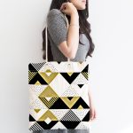 Bej Siyah Geometrik Desenli Dijital Baskılı Kumaş Plaj Çantası Realhomes
