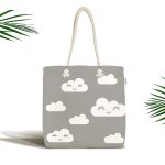 - Canta-2140 - Realhomes Gri Zeminli Bulut Motifli Dijital Baskılı Kumaş Plaj Çantası Realhomes