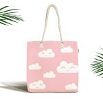 - Canta-2141 - Realhomes Pembe Zeminli Bulut Desenli Dijital Baskılı Kumaş Plaj Çantası Realhomes