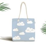 - Canta-2142 - Realhomes Mavi Zeminli Bulut Temalı Dijital Baskılı Kumaş Plaj Çantası Realhomes
