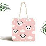 Realhomes Pembe Zeminli Panda Resimli Dijital Baskılı Kumaş Plaj Çantası Realhomes