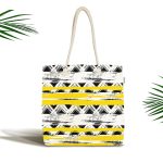 Sarı Siyah Üçgen ve Çizgiler Desenli Kumaş Plaj Çantası Realhomes