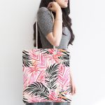 Pembe Gri Yaprak Temalı Dijital Baskılı Kumaş Plaj Çantası Realhomes