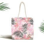 Pembe Gri Yaprak Temalı Dijital Baskılı Kumaş Plaj Çantası Realhomes
