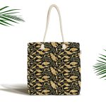 Siyah Zeminli Altın Yapraklar Motifli Kumaş Plaj Çantası Realhomes