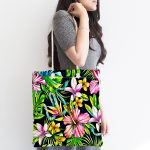 Lacivert Zeminli Tropikal Desenli Dijital Baskılı Kumaş Plaj Çantası Realhomes