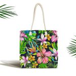 Lacivert Zeminli Tropikal Desenli Dijital Baskılı Kumaş Plaj Çantası Realhomes