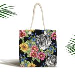 - Canta-3318 - Realhomes Siyah Zeminde Leopar ve Çiçekler Özel Tasarım Kumaş Plaj Çantası Realhomes