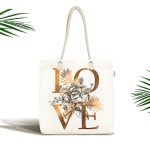 - Canta-3352 - Realhomes Altın Varaklı Love Tasarımlı Modern Kumaş Plaj Çantası Realhomes