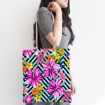 Mavi Geometrik Zeminli Çiçekler Modern Tasarım Kumaş Plaj Çantası Realhomes