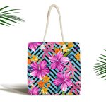 Mavi Geometrik Zeminli Çiçekler Modern Tasarım Kumaş Plaj Çantası Realhomes