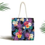 Siyah Zeminde Rengarenk Çiçekler Tasarımlı Kumaş Plaj Çantası Realhomes
