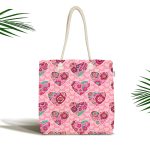 - Canta-3648 - Realhomes Kalp İçinde Çiçek Desenli Dijital Baskılı Özel Tasarım Kumaş Plaj Çantası Realhomes