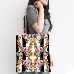 Çizgili Zeminde Altın Ve Çiçek Desenli Özel Tasarım Dijital Baskılı Kumaş Plaj Çantası Realhomes