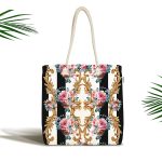 Çizgili Zeminde Altın Ve Çiçek Desenli Özel Tasarım Dijital Baskılı Kumaş Plaj Çantası Realhomes