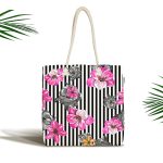 Çizgili Zeminde Rengarenk Çiçekler Dijital Baskılı Kumaş Plaj Çantası Realhomes
