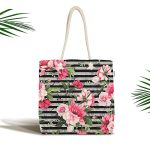 - Canta-3818 - Realhomes Çizgili Zeminde Rengarenk Çiçekler Dijital Baskılı Kumaş Plaj Çantası Realhomes