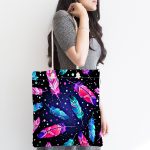 - Canta-3831-1 - Realhomes Lacivert Zeminde Renkli Tüyler Desenli Kumaş Plaj Çantası Realhomes