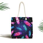 - Canta-3831 - Realhomes Lacivert Zeminde Renkli Tüyler Desenli Kumaş Plaj Çantası Realhomes