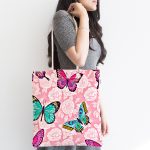 Kelebek Ve Gül Motifli Dijital Baskılı Özel Tasarım Kumaş Plaj Çantası Realhomes