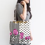 Çizgili Puanlı Zeminde Çiçek Desenli Özel Tasarım Dijital Baskılı Kumaş Plaj Çantası Realhomes