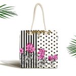Çizgili Puanlı Zeminde Çiçek Desenli Özel Tasarım Dijital Baskılı Kumaş Plaj Çantası Realhomes