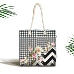 Zikzak Ve Kaz Ayaklı Zeminde Çiçekler Özel Tasarım Dijital Baskılı Kumaş Plaj Çantası Realhomes