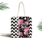 Siyah Zikzak Zeminde İlkbahar Çiçekleri Temalı Kumaş Plaj Çantası Realhomes