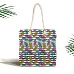 Çizgili Zeminde Tüy Desenli Dijital Baskılı Özel Tasarım Kumaş Plaj Çantası Realhomes