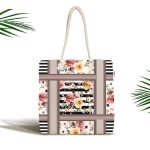 Çizgili Zeminde Çiçek Motifli Özel Tasarım Dijital Baskılı Kumaş Plaj Çantası Realhomes