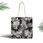 Siyah Zeminde Beyaz Yaprak Tasarımlı Dijital Baskılı Kumaş Plaj Çantası Realhomes