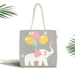 Gri Zeminde Fil Motifli Özel Tasarımlı Dijital Baskılı Çocuk Odası Kumaş Plaj Çantası Realhomes